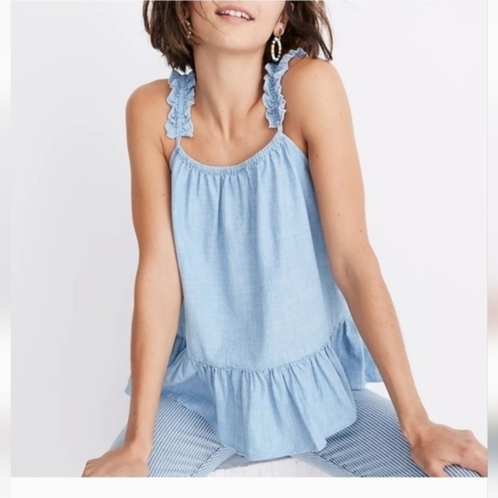 Madewell Denim‎ Ruffle Strap Cami Tank Top Chambray Blue Cotton Women's Sz 6